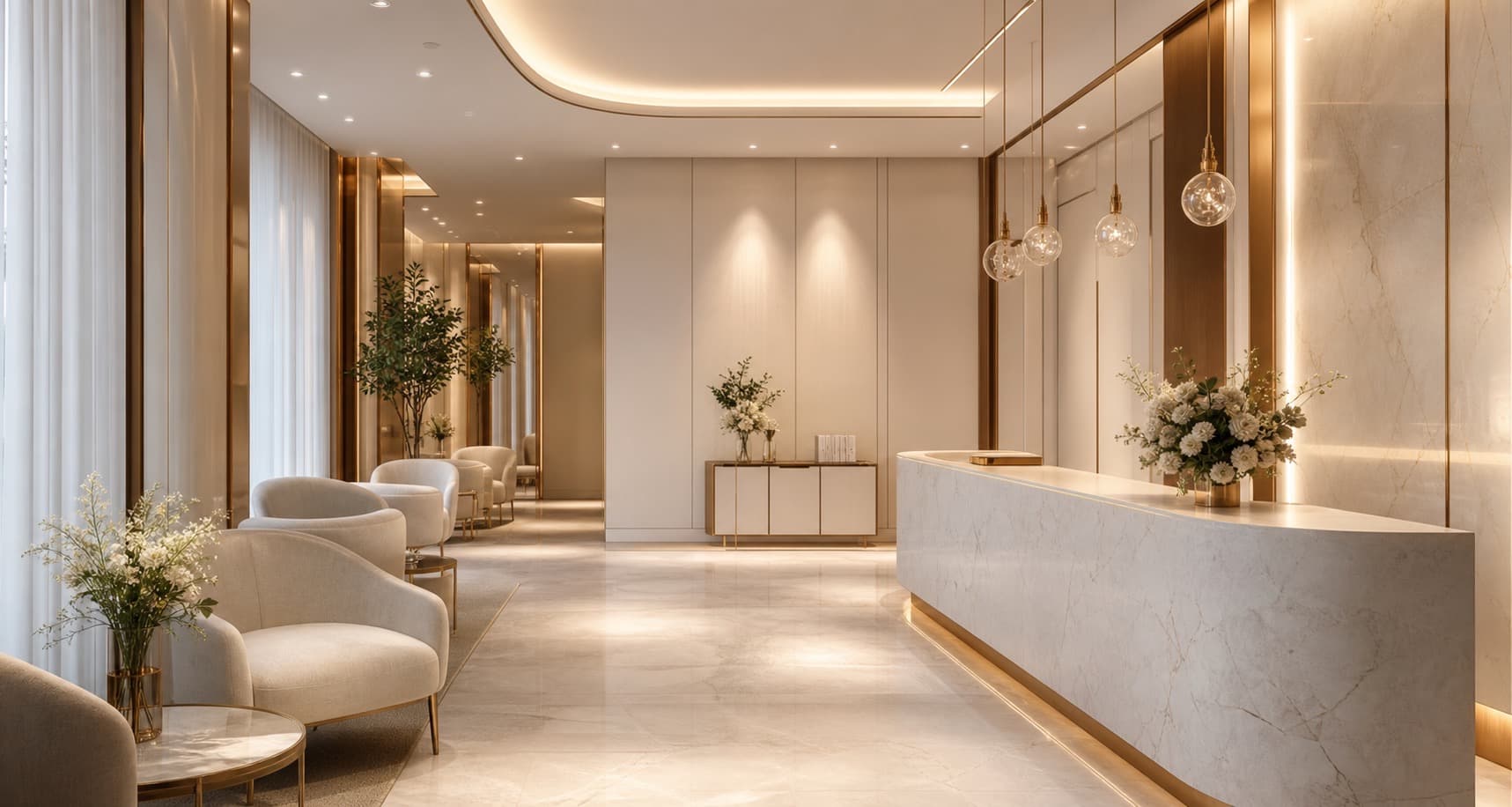 SP Clinic luxury reception with warm ivory marble and champagne-gold details