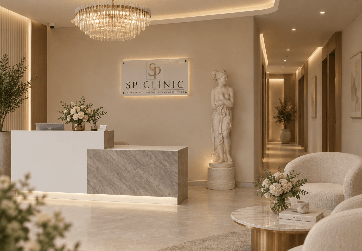 SP Clinic luxury reception with warm ivory marble and champagne-gold details